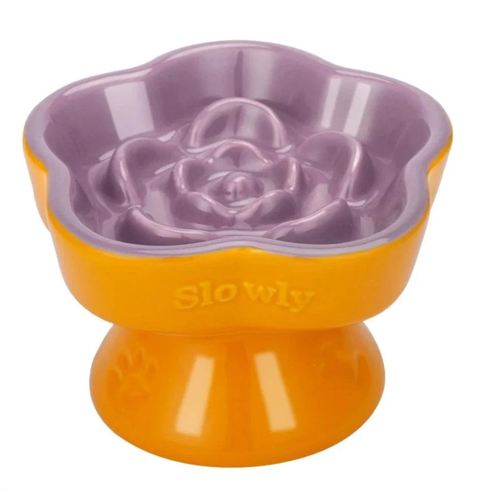Raised Slow Feeder Dog Cat Food Bowl for Small Pets Purple Tilted Ceramic Dish
